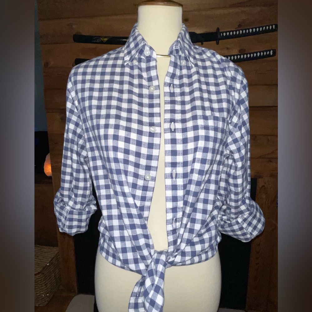 J. Crew Navy White Gingham Linen Button Down Shirt